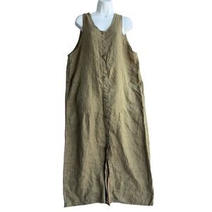FLAX Linen Tank Long Dress Women's M Sleeveless Button Down Earthy Green